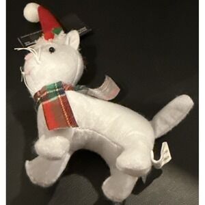 Cat Kitten Grey Holiday Christmas Ornament Red Santa Hat‎ Scarf Fabric NEW